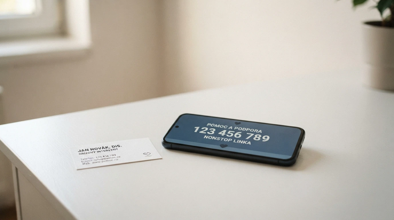 Telefonní sluchátko na stole s vizitkou Národní linky pro odvykání 800 350 000