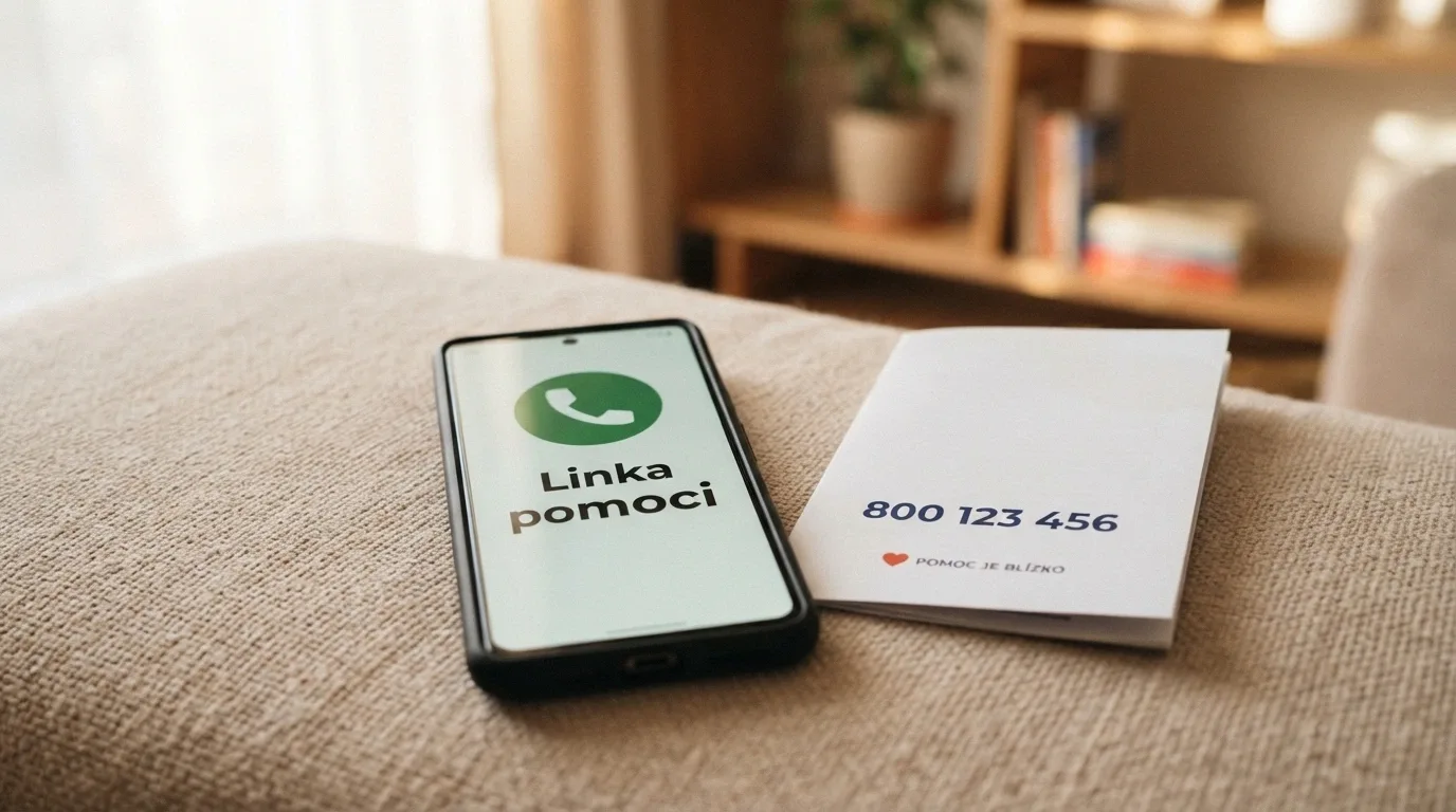 Telefon s vytočenou Linkou pomoci na displeji, vedle leták s kontakty adiktologických služeb