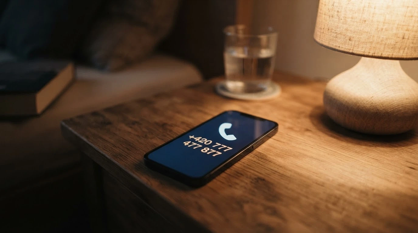 Telefon s vytočeným číslem linky pomoci na obrazovce a vizuálním motivem nonstop dostupnosti