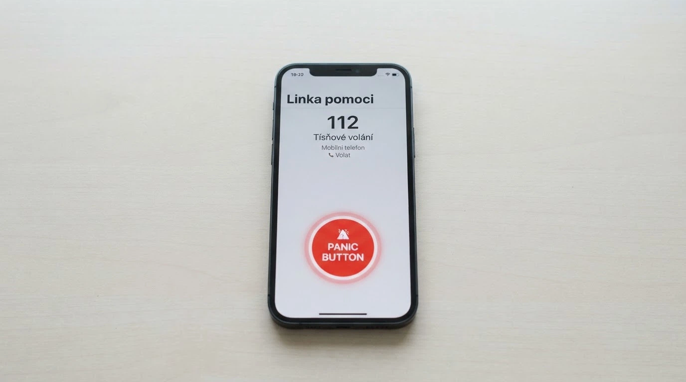 Mobil s otevřeným kontaktem na Linku pomoci (+420 777 477 877) a ikonou panic buttonu na pozadí