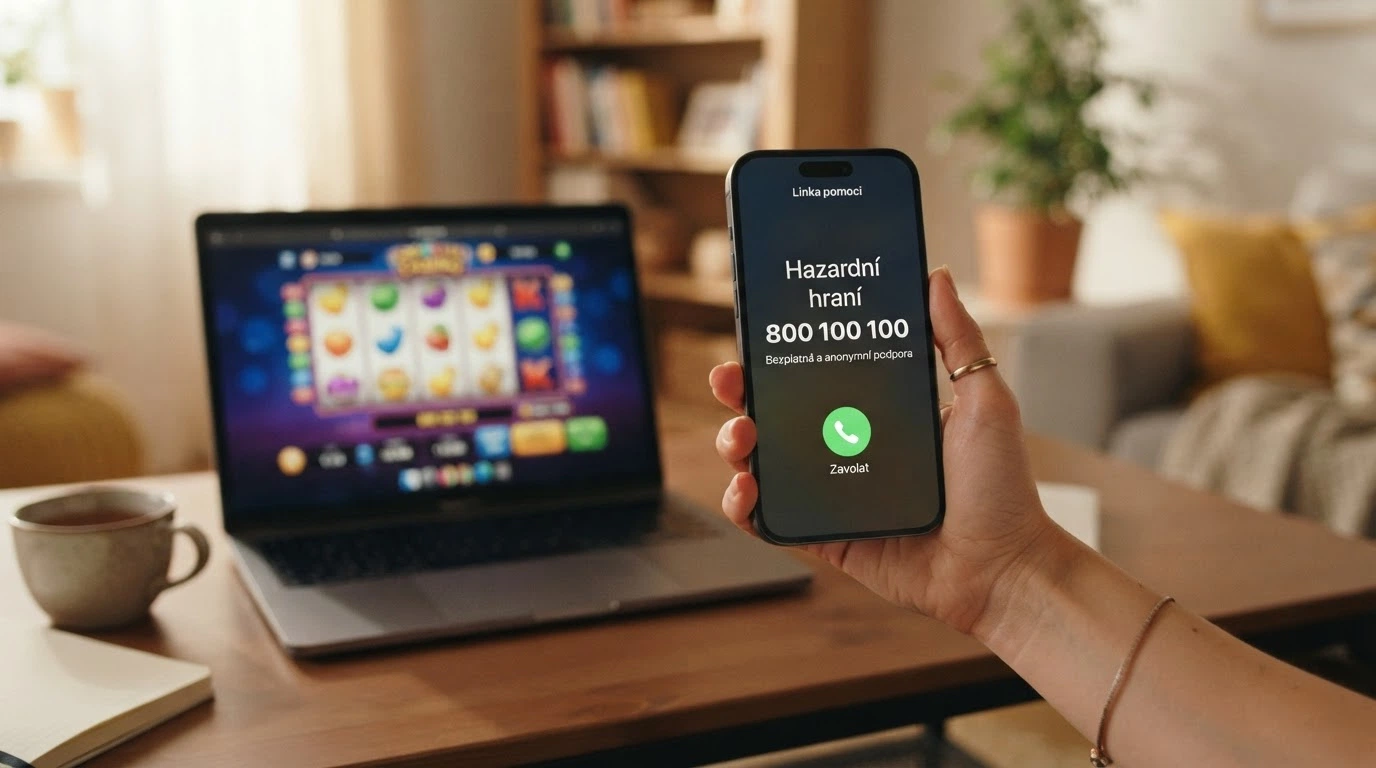 Mobilní telefon s otevřeným kontaktem linky pomoci na displeji, v pozadí herní rozhraní