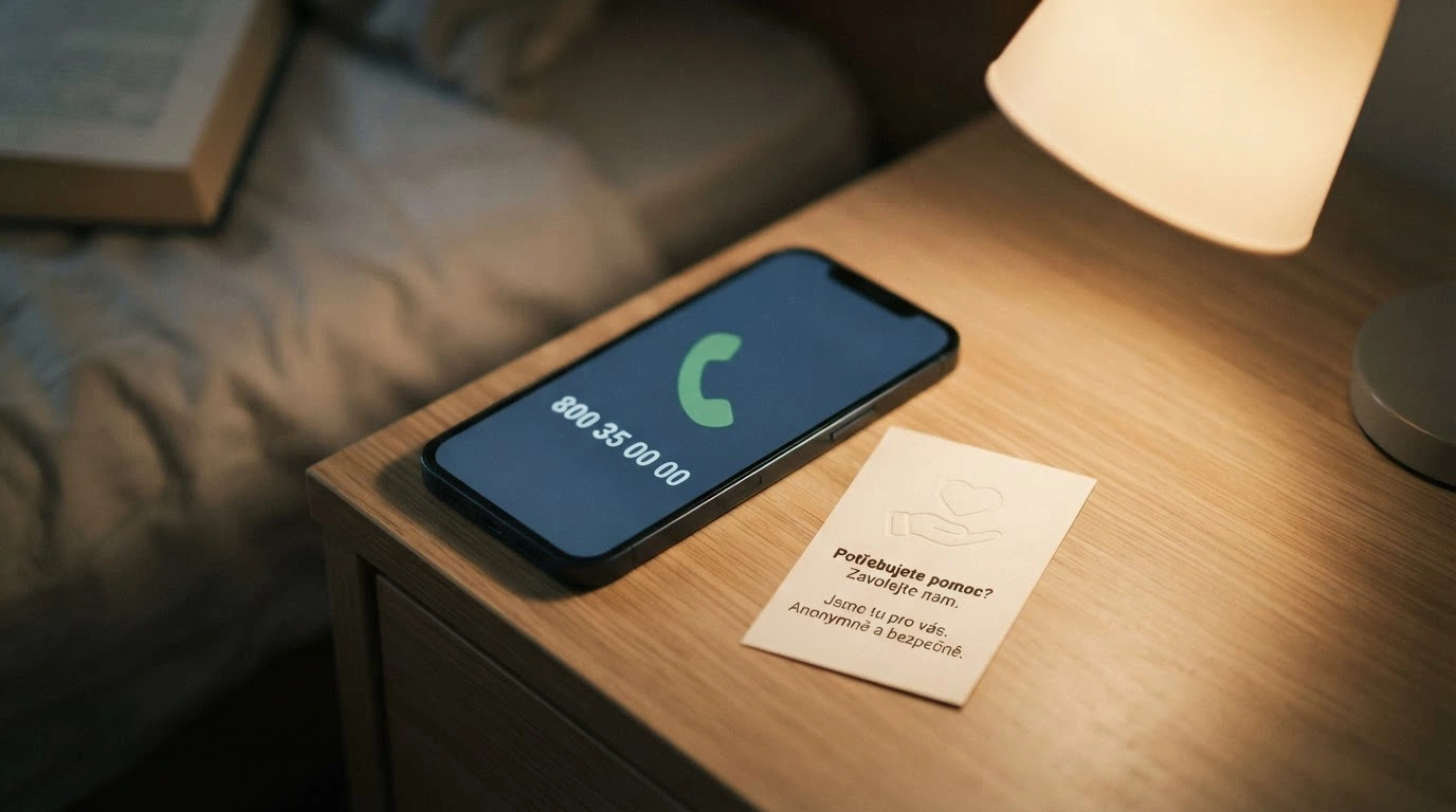 Telefon s vytočeným číslem linky pomoci, vedle ikona panic buttonu a vizitka s kontakty na adiktologické služby