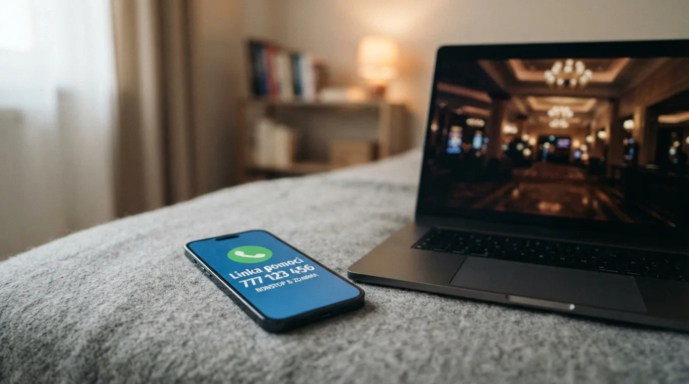 Telefon s vytočeným číslem linky pomoci položený vedle klávesnice s otevřeným kasinem